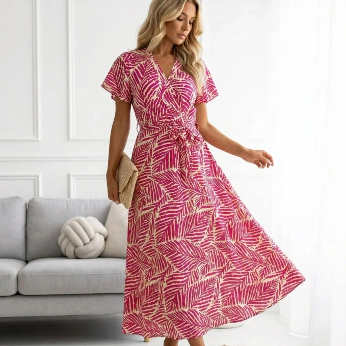 Sukienka Maxi Rozkloszowana w Liście Palmowe Letnia z Wiązaniem Różowa