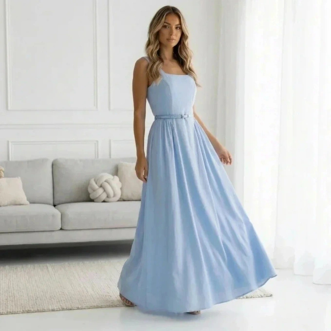 Sukienka Maxi Letnia Błękitna na Ramiączkach z Paskiem Bawełniana