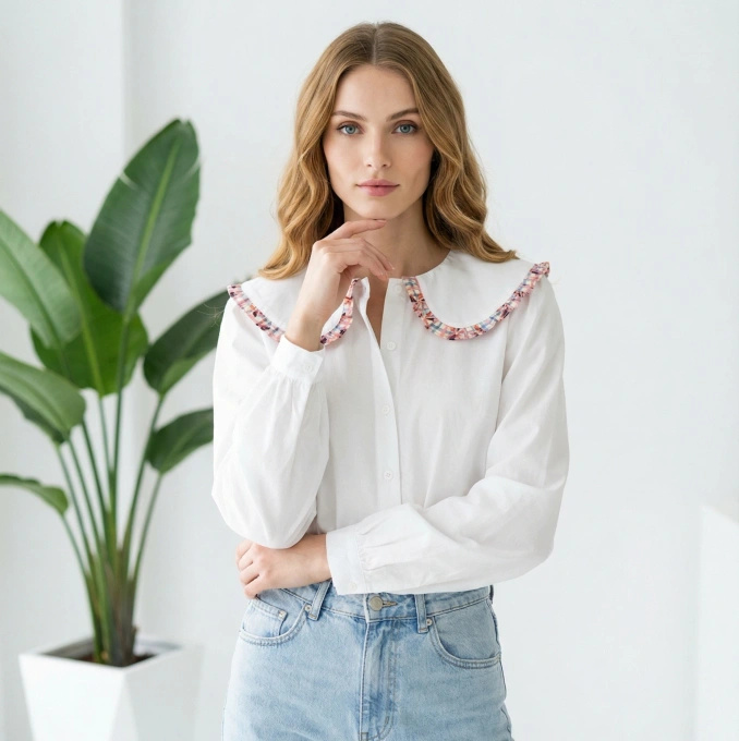 Biała koszula damska z szerokim kołnierzem kolorowa falbanka elegancka bluzka oversize