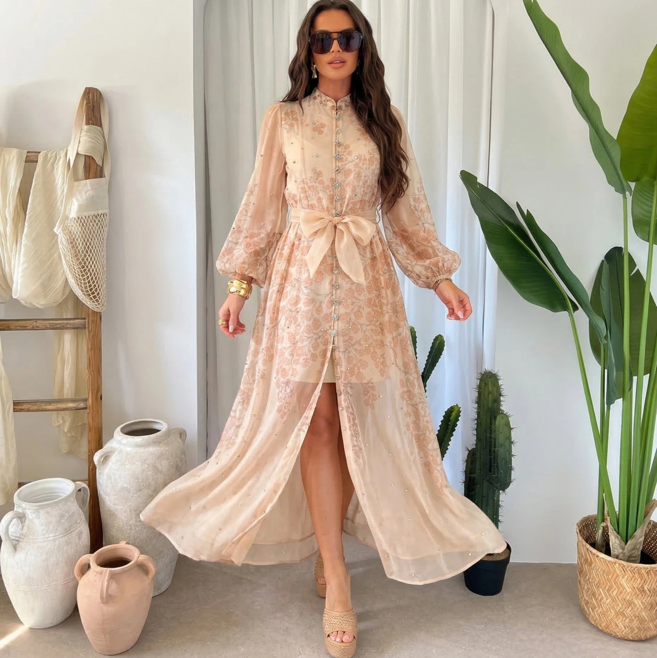 Sukienka Maxi Beżowa Kwiaty Wesele Elegancka Transparentne Rękawy