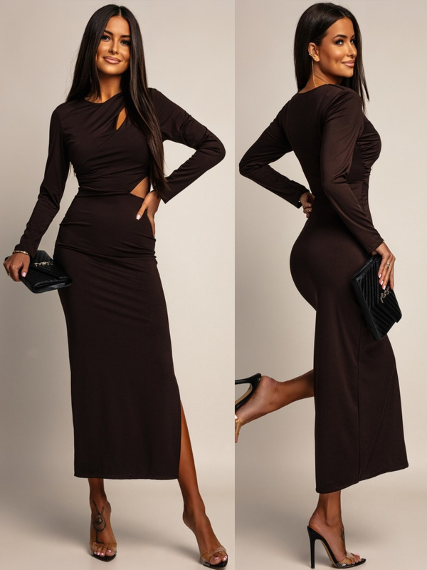 ELEGANCKA SUKIENKA MAXI Z WYCIĘCIEM ADA  czekoladowa