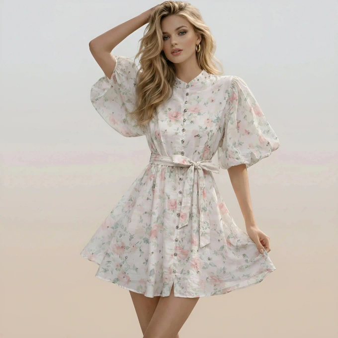 Sukienka w kwiaty rozkloszowana midi bufiaste rękawy bawełna len lato