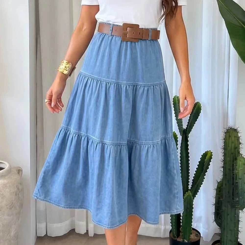 Spódnica Jeansowa Damska Rozkloszowana Midi z Marszczeniami Bawełniana z Paskiem