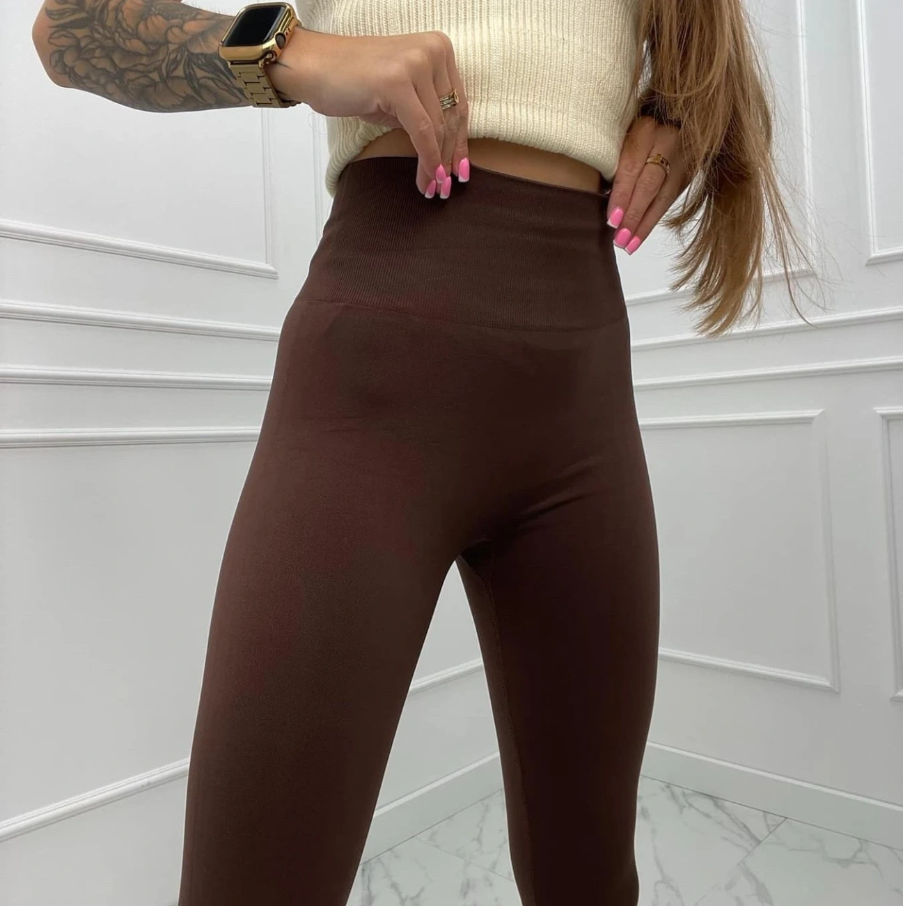 Legginsy push up damskie modelujące wyszczuplające wysoki stan brązowe