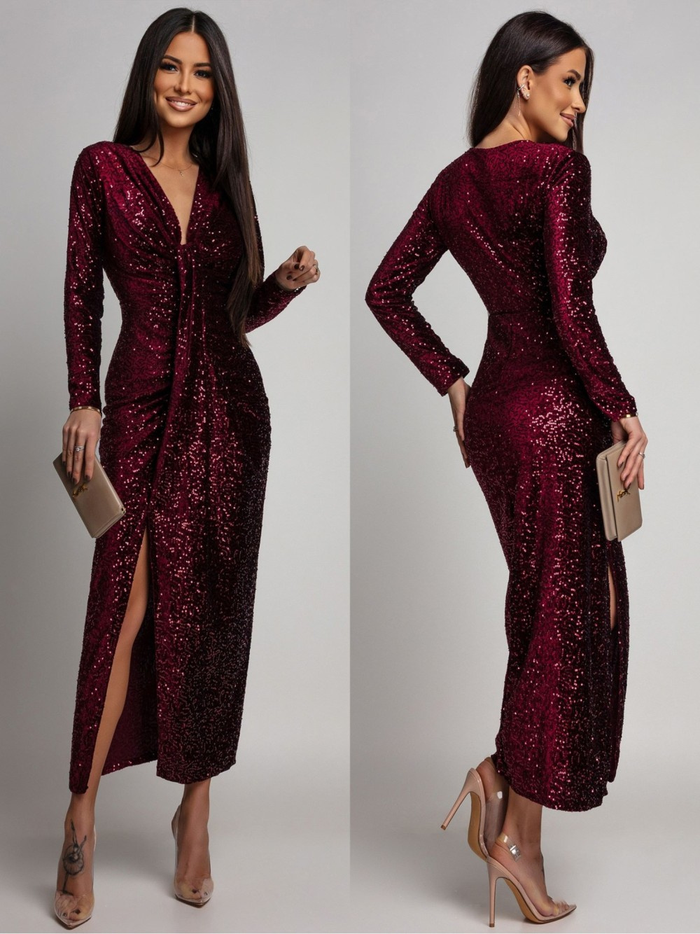 Elegancka Maxi Sukienka Cekinowa Wiola z długim rękawem bordowa