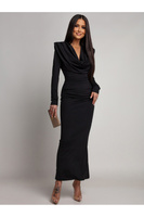 Elegancka Maxi Sukienka  z marszczeniem Misty z długim rękawem czarna