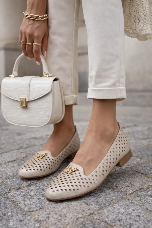 Złote damskie ażurowe baleriny  Marika 