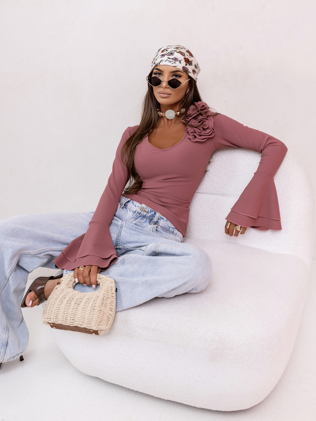 Elegancka Bluzka ROSEA z różami i długim rękawem Brudny róż