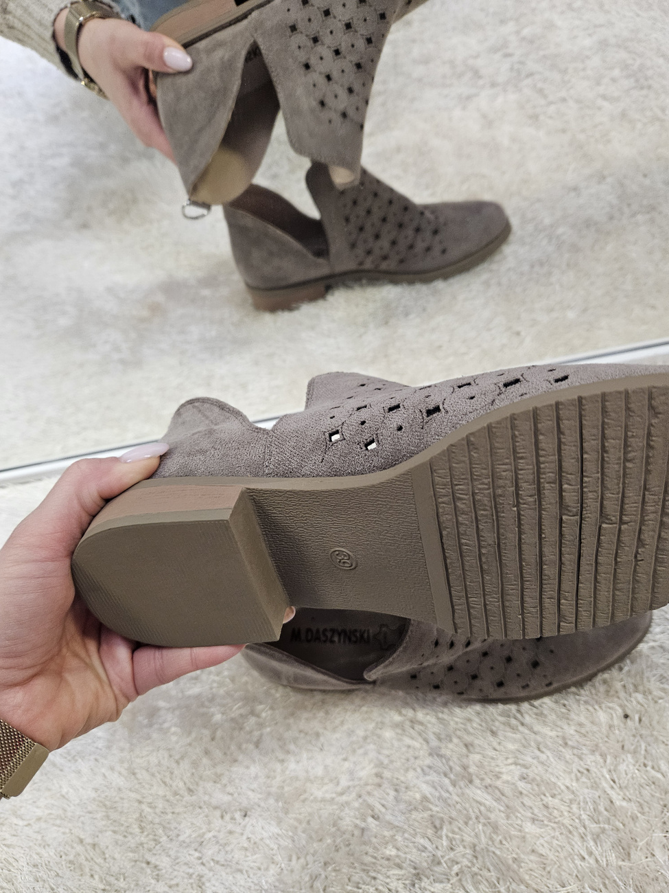 Brązowe ażurowe pólbuty  botki damskie na obcasie 