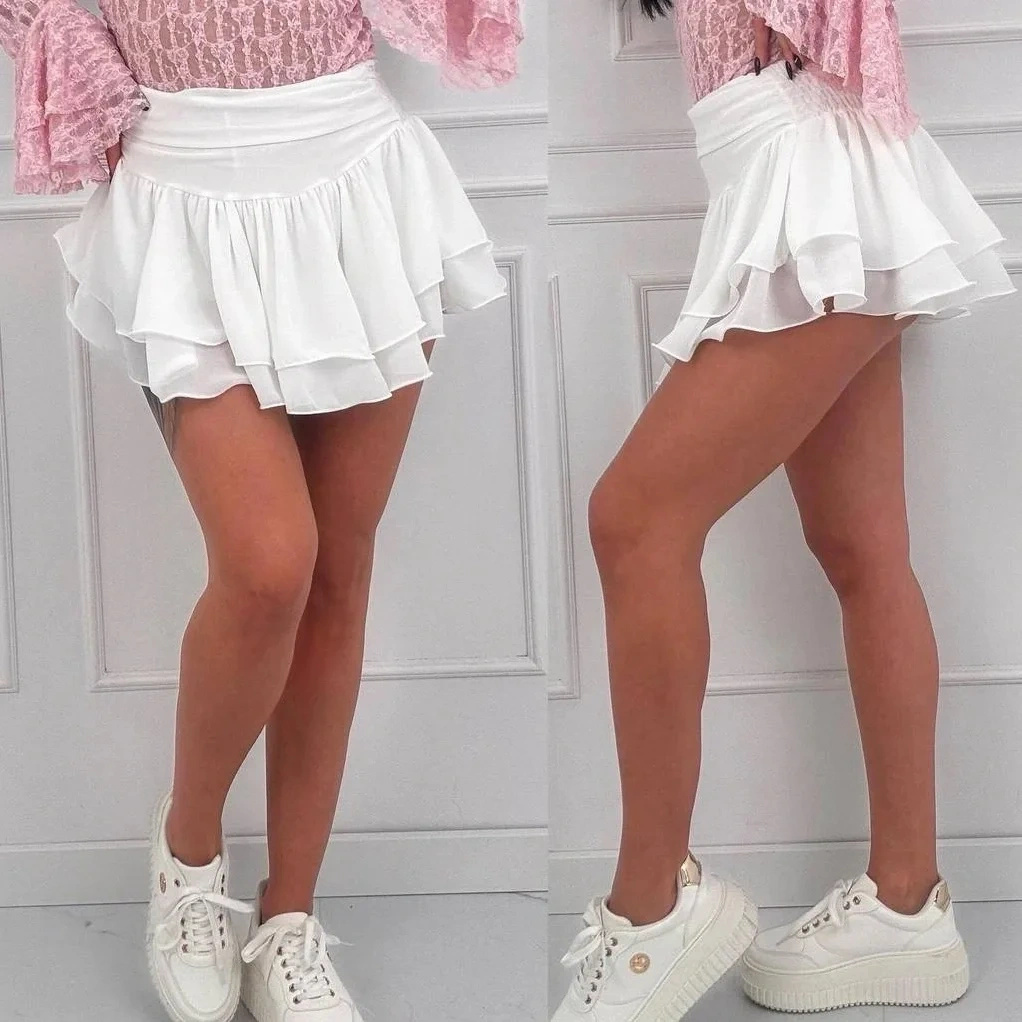 Spódnico-spodenki damskie białe z falbanami szyfonowe letnie