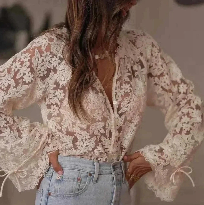 Koszula damska koronkowa beżowa kwiatowy haft romantyczna bluzka elegancka