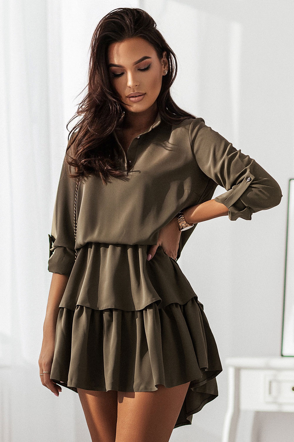  Kylie Krótka Khaki Sukienka Boho Militarna Z Falbaną Na Co Dzień
