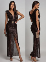 CEKINOWA SUKIENKA MAXI Z BIŻUTERYJNYM ZDOBIENIEM Zuzanna  czekoladowa