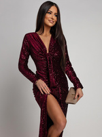 Elegancka Maxi Sukienka Cekinowa Wiola z długim rękawem bordowa