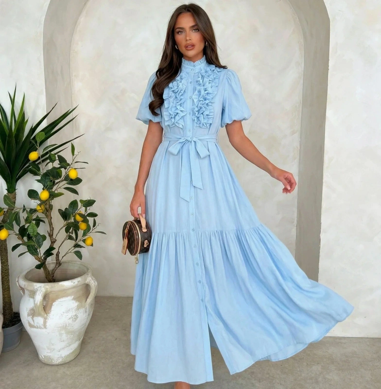 Sukienka maxi błękitna zwiewna z falbanami elegancka na wesele komunię lato