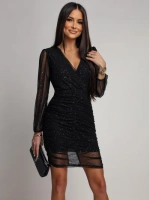 Eleganka Sukienka mini siateczkowa z brokatem i kopertowym dekoltem SCARLET czarny
