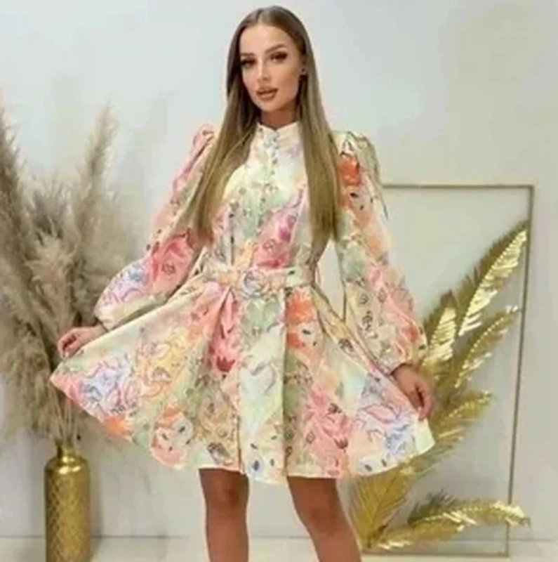 Sukienka Rozkloszowana Kwiatowy Print Bufiaste Rękawy Pasek Midi Wiosna Lato