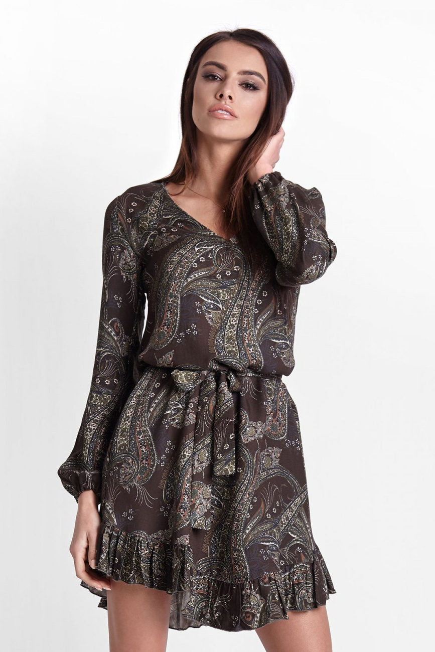  Masha W Stylu Boho Khaki Mini Sukienka Rozkloszowana Z Falbanką
