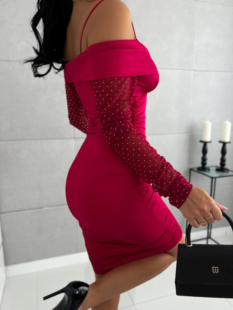 Elegancka Mini Sukienka hiszpanka  Hana z długim rękawem bordowy