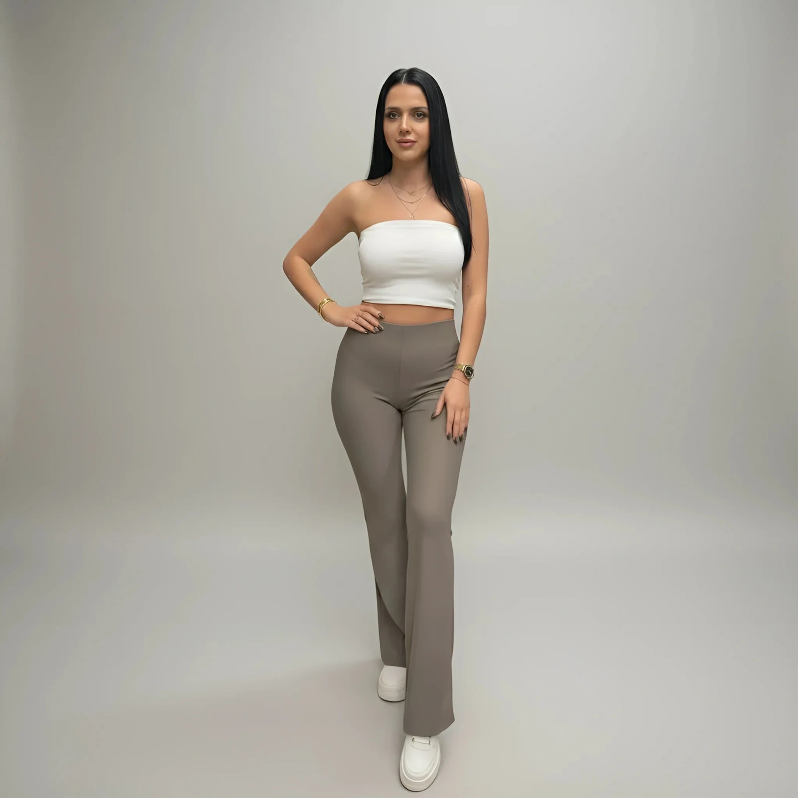 Spodnie Dzwony Damskie Modelujące Sylwetkę Prążkowane Wysoki Stan Elastyczne