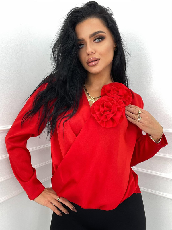 Czerwona Satynowa Bluzka damska Róża Elegancki Dekolt Długi Rękaw