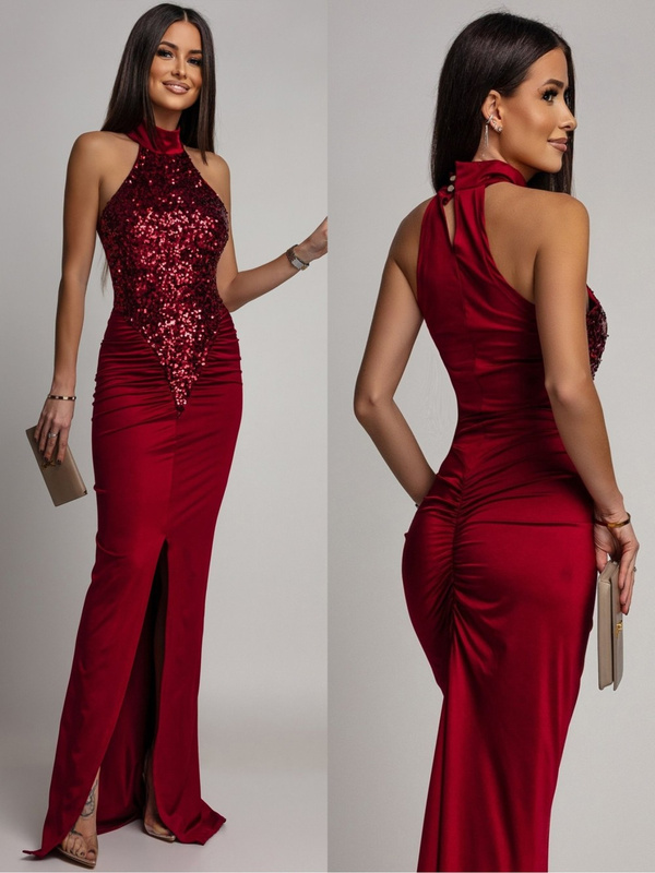 ELEGANCKA SUKIENKA MAXI Z CEKINAMI Iman BORDOWA