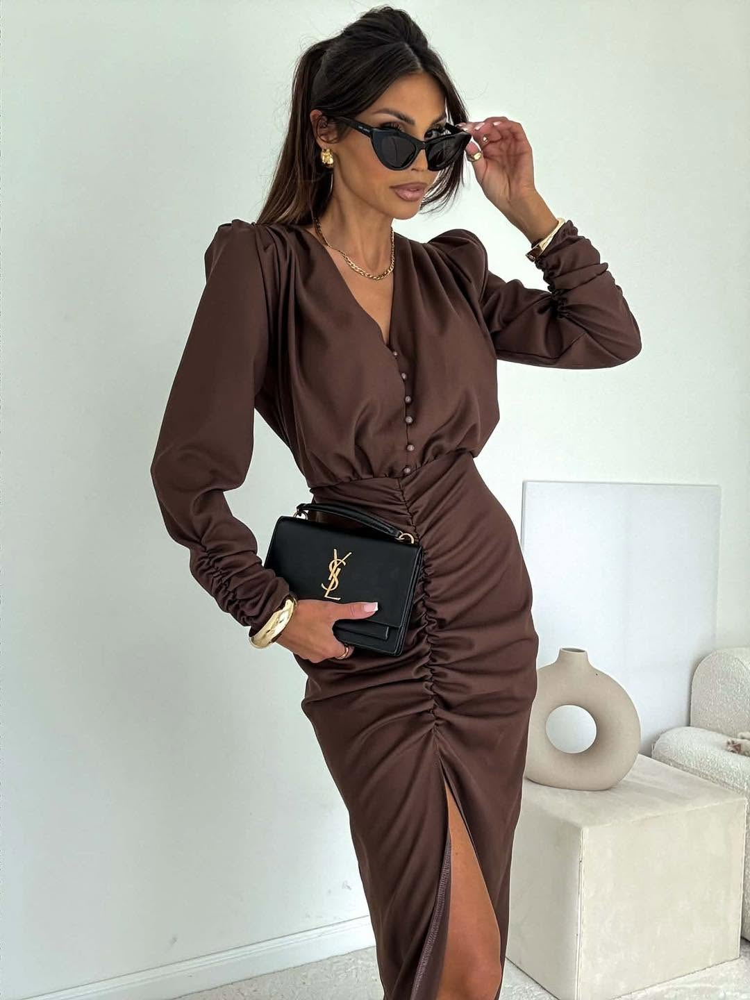 Elegancka midi SUKIENKA VENEZIA czekoladowa