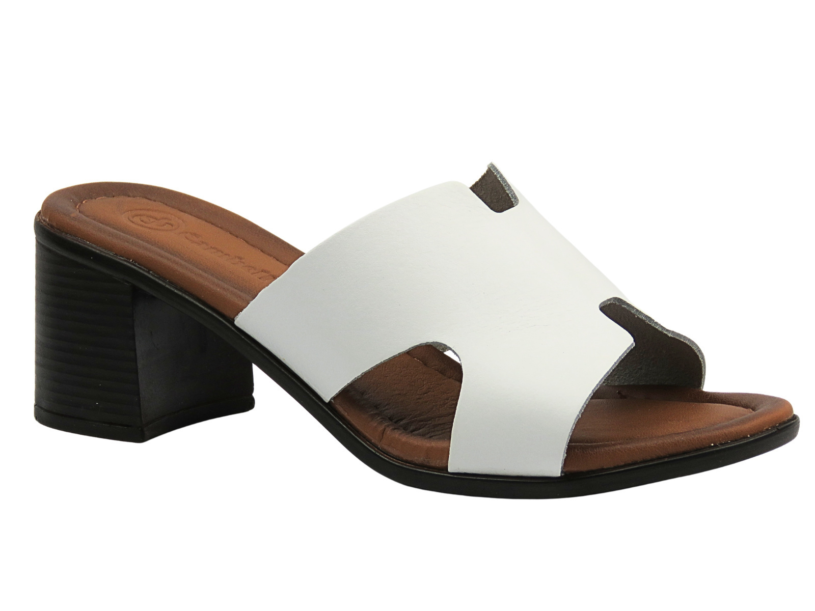 Klapki damskie na obcasie ze skóry naturalnej Olivia białe