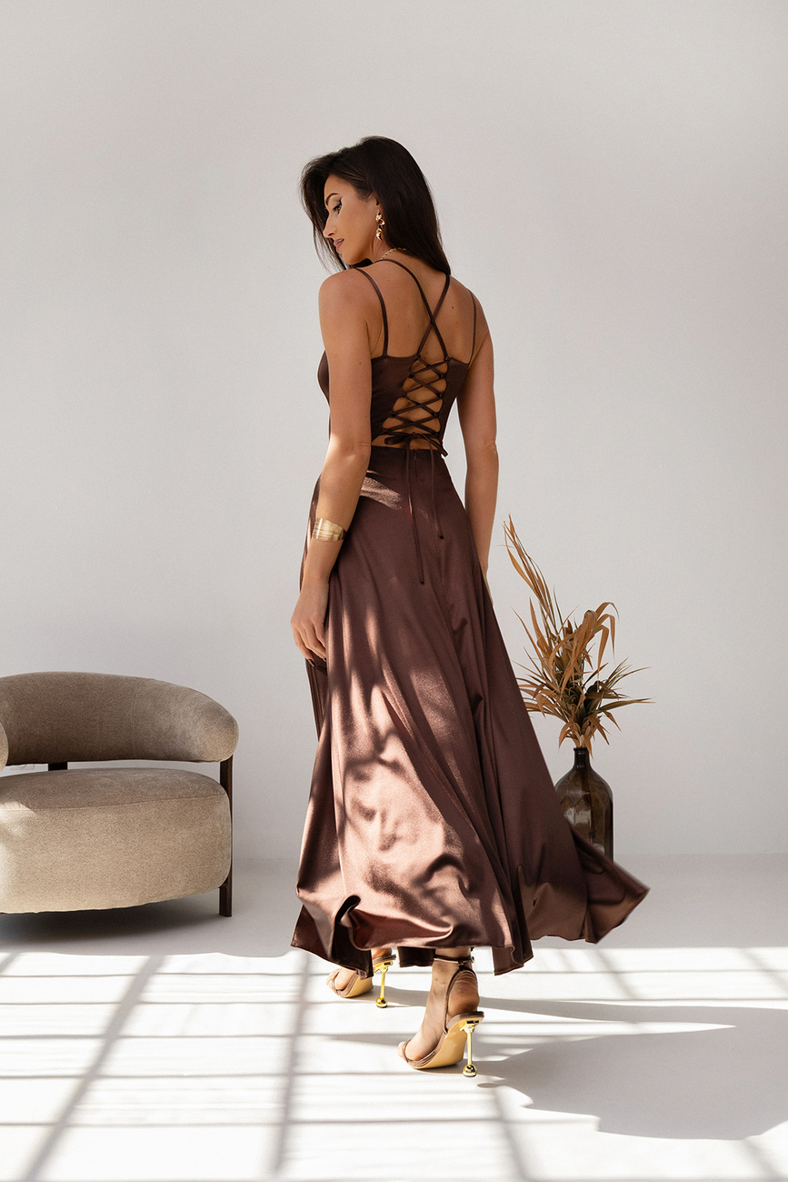 ELEGANCKA SUKIENKA MAXI Satynowa Nel- czekoladowy