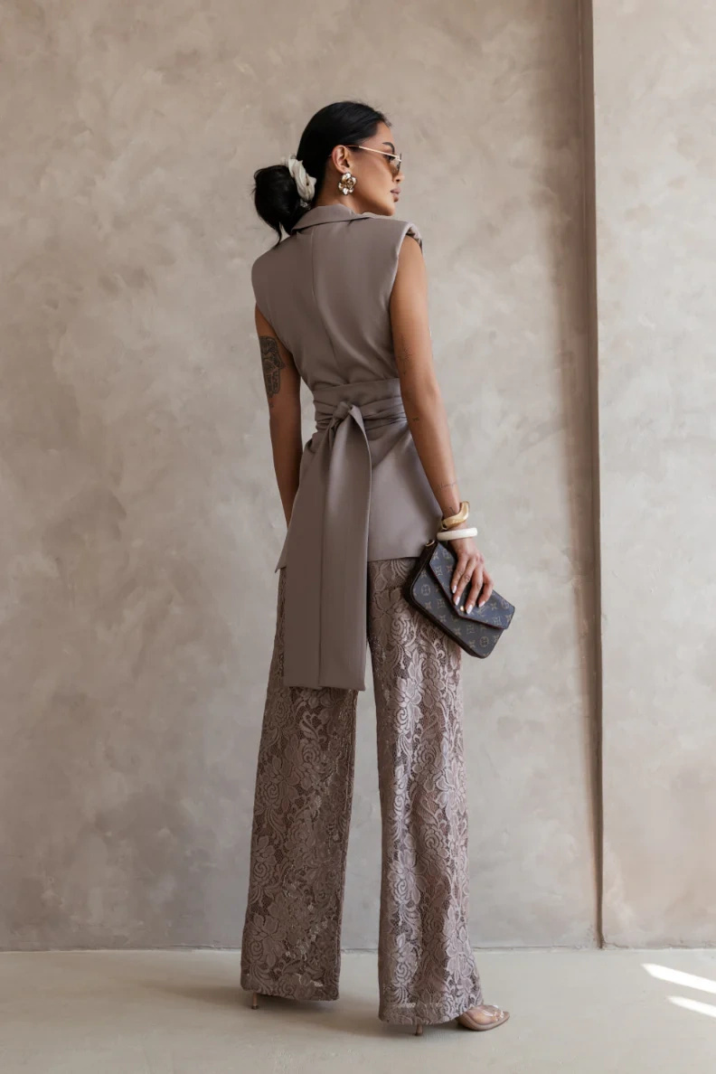 Elegancki Komplet Damski AURA  Garnitur Kamizelka Szerokie Spodnie Zestaw Wiosna Lato fango