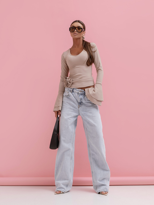 Elegancka Bluzka ROSEA z różami i długim rękawem Beżowa