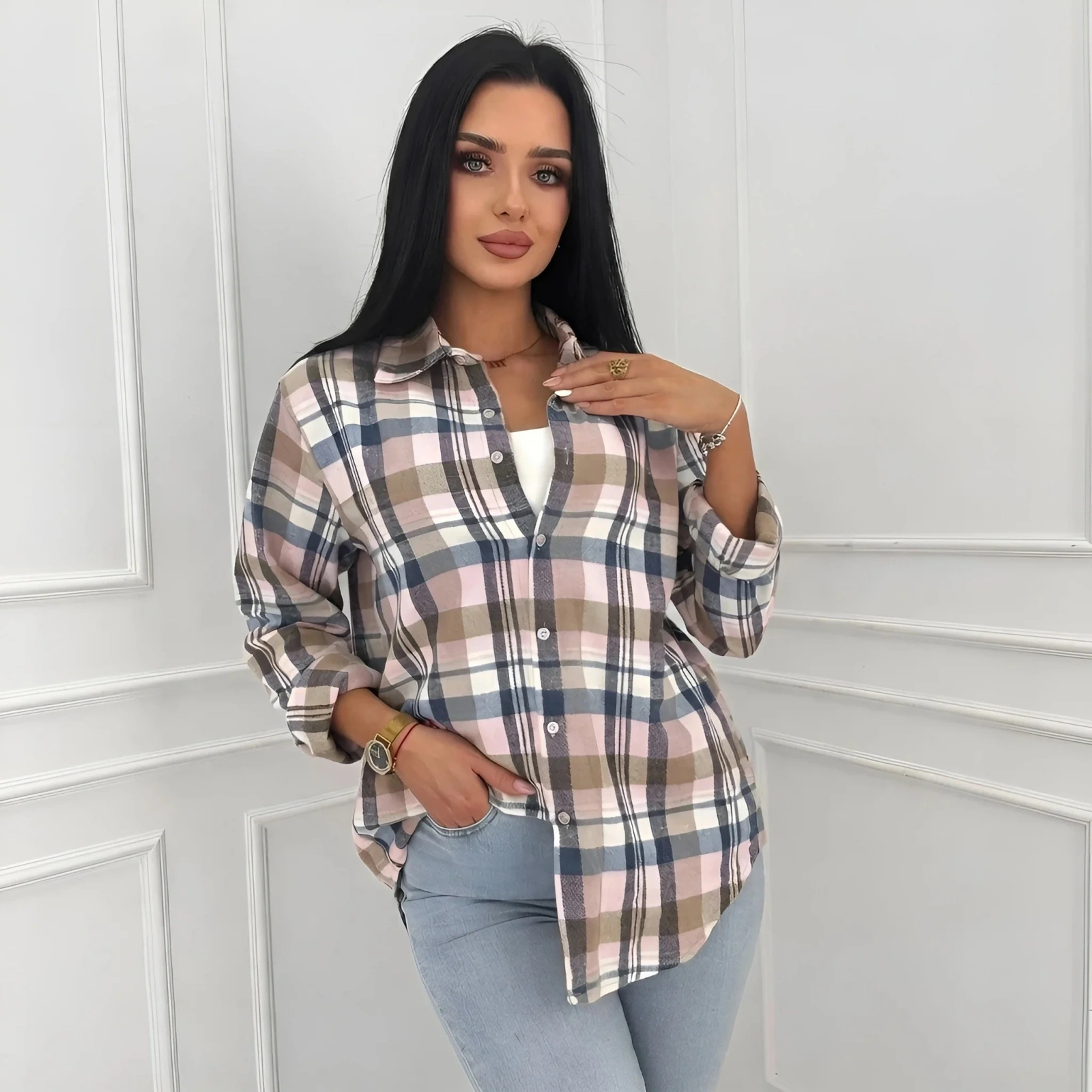 Koszula flanelowa damska w kratę oversize luźna casual