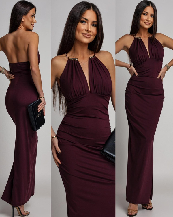 ELEGANCKA SUKIENKA MAXI  ZE ZDOBIENIEM Yoko  bordowa