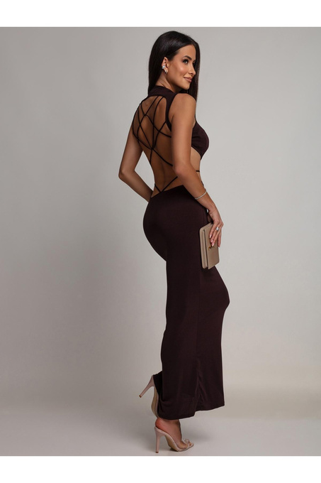 Elegancka sukienka maxi z odkrytymi plecami Sensuelle czekoladowa