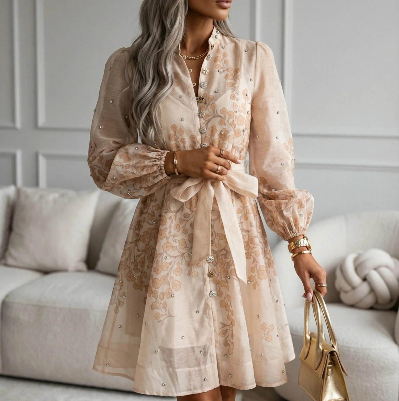 Sukienka Beżowa Elegancka z Haftem Kwiatowym Transparentne Rękawy Wesele Chrzciny