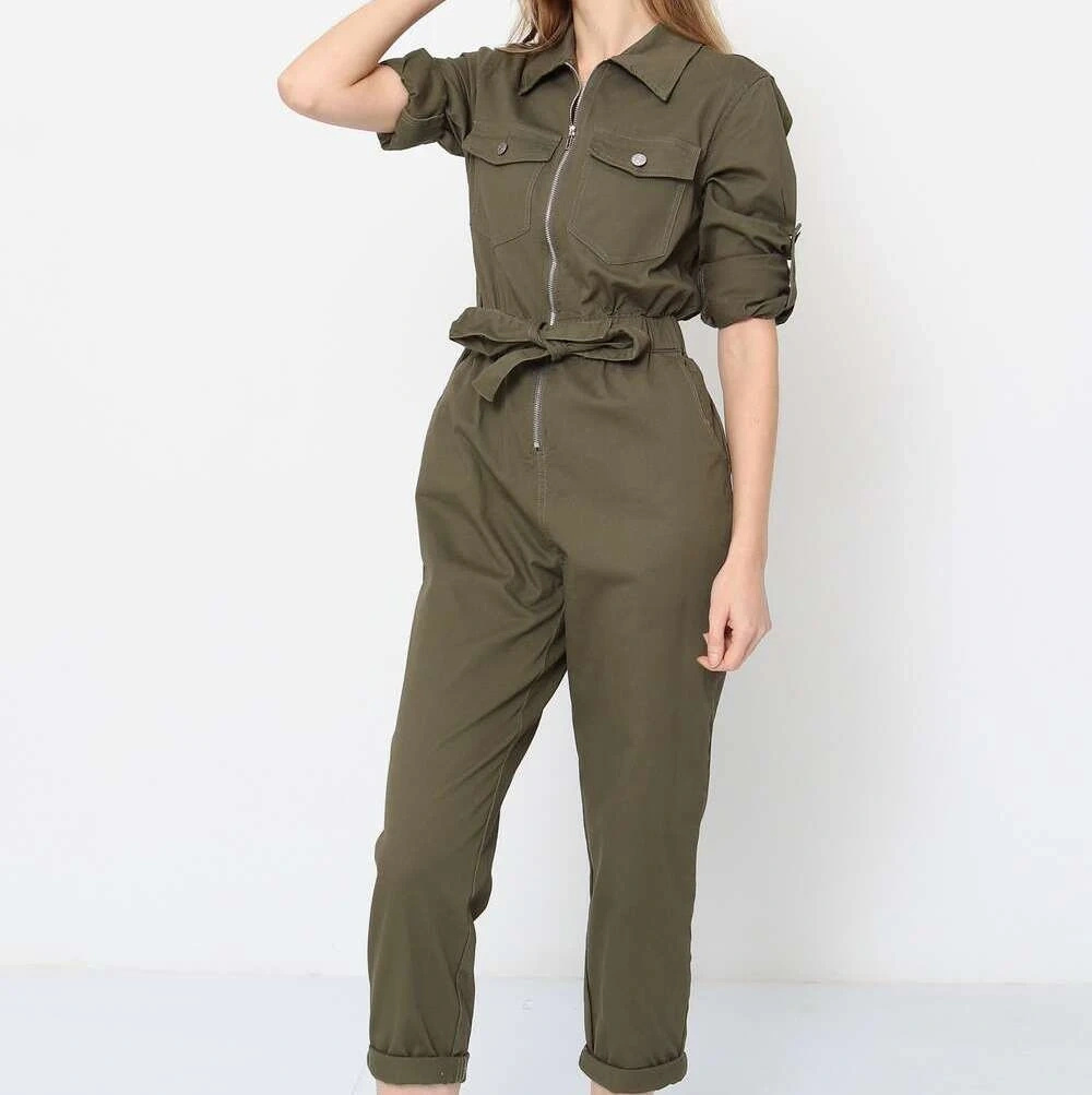 Kombinezon Damski Khaki Militarny z Paskiem SEO Stylizacja Casual