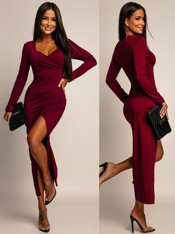 ELEGANCKA DOPASOWANA SUKIENKA MAXI Ashley bordowa