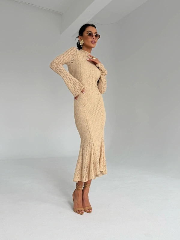 Elegancka midi Sukienka koronkowa  Elisa bawełniana beżowa