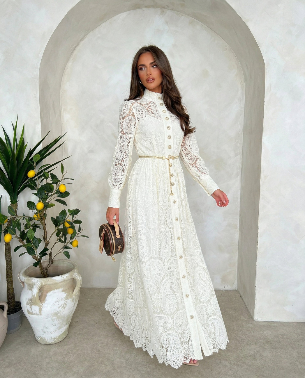 Sukienka koronkowa ecru maxi elegancka na wesele komunię z długim rękawem LACEWAVE