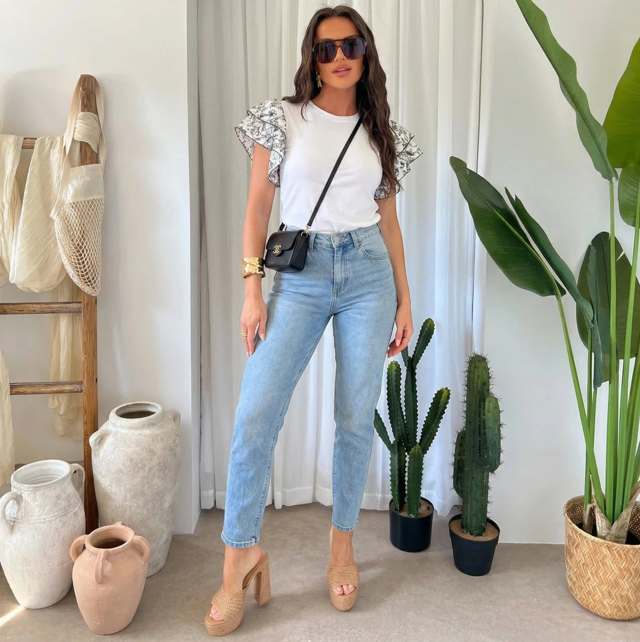 Bluzka Damska Bawełniana z Falbanami Kwiatowy Wzór