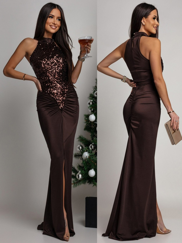 ELEGANCKA SUKIENKA MAXI Z CEKINAMI Iman BRĄZOWA