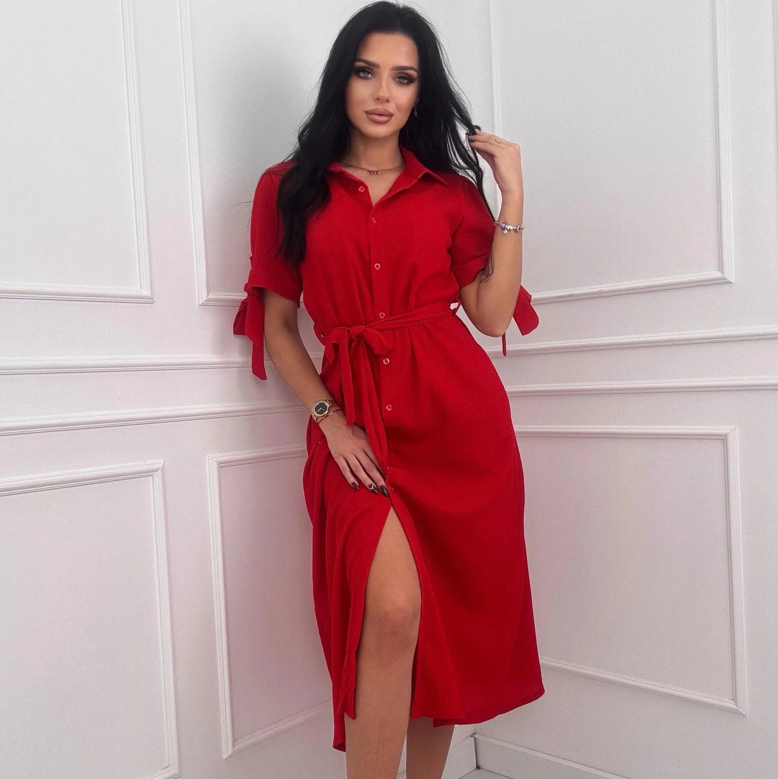 Sukienka koszulowa czerwona midi z paskiem elegancka na lato damska