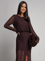 Dopasowana sukienka koronkowa z długim rękawem Makena czekoladowa