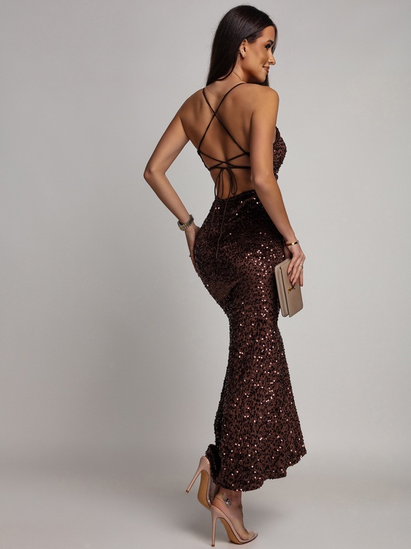 Elegancka Maxi Sukienka cekinowa Mika czekoladowy