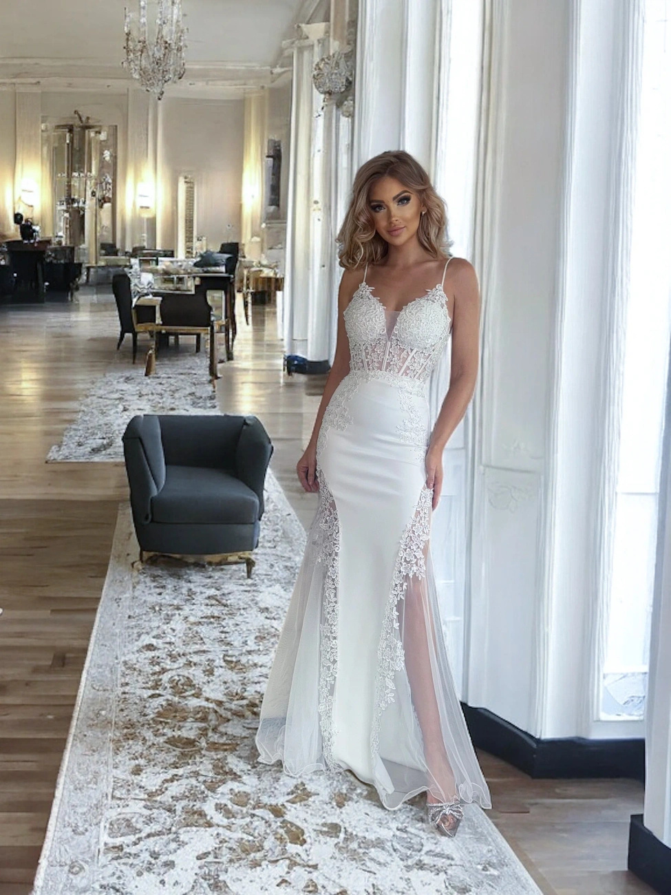 Elegancka Sukienka maxi Boda rybka- biały