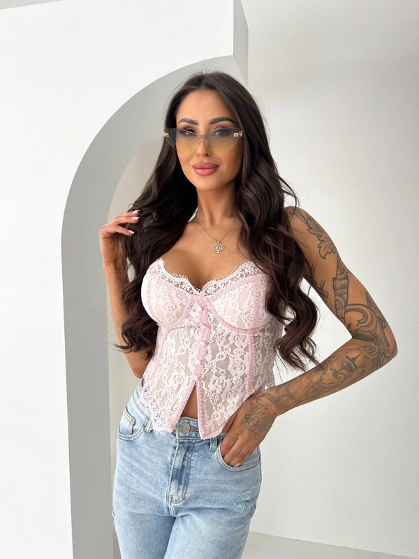 Top koronkowy różowy damski na ramiączkach koronka kwiatowy wzór crop top