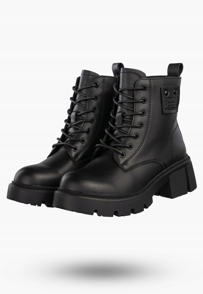 Botki damskie ze skóry naturalnej wysokie sznurowane na klocku czarne