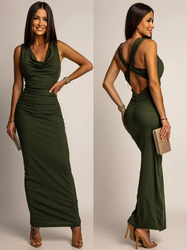 PRĄŻKOWANA SUKIENKA MAXI RENNE khaki