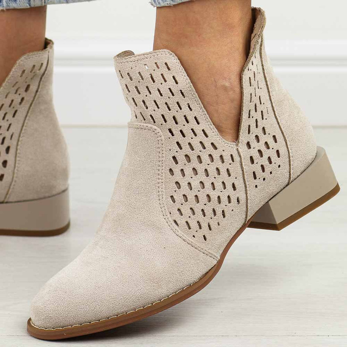 Beżowe ażurowe pólbuty botki damskie na obcasie