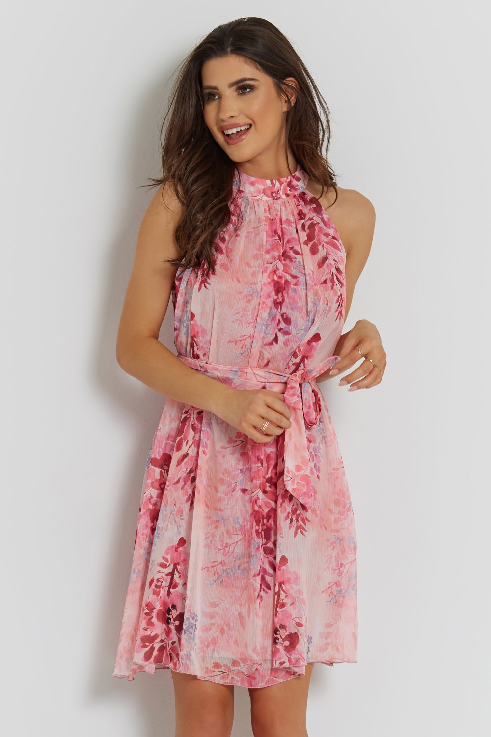  Liv Różowa Elegancka Mini Sukienka Rozkloszowana Na Wesele W Kwiaty
